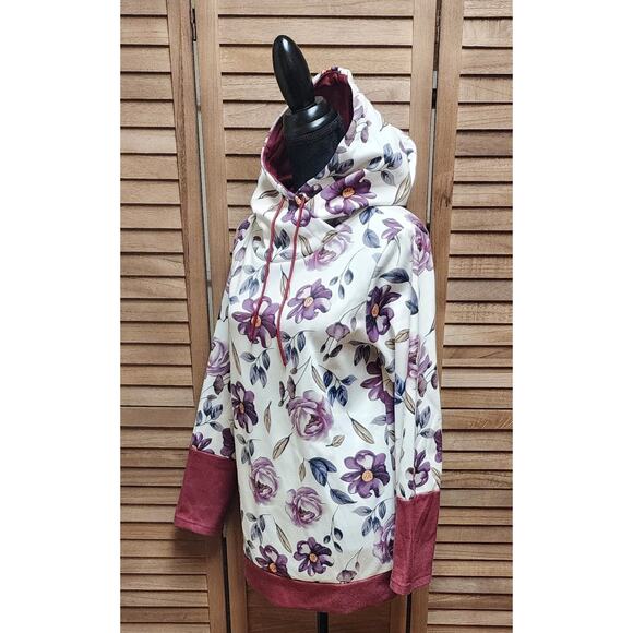 POL Women's White/Purple Floral Knit Hoodie Hooded Pullover Sweater Top Size L - Picture 5 of 8